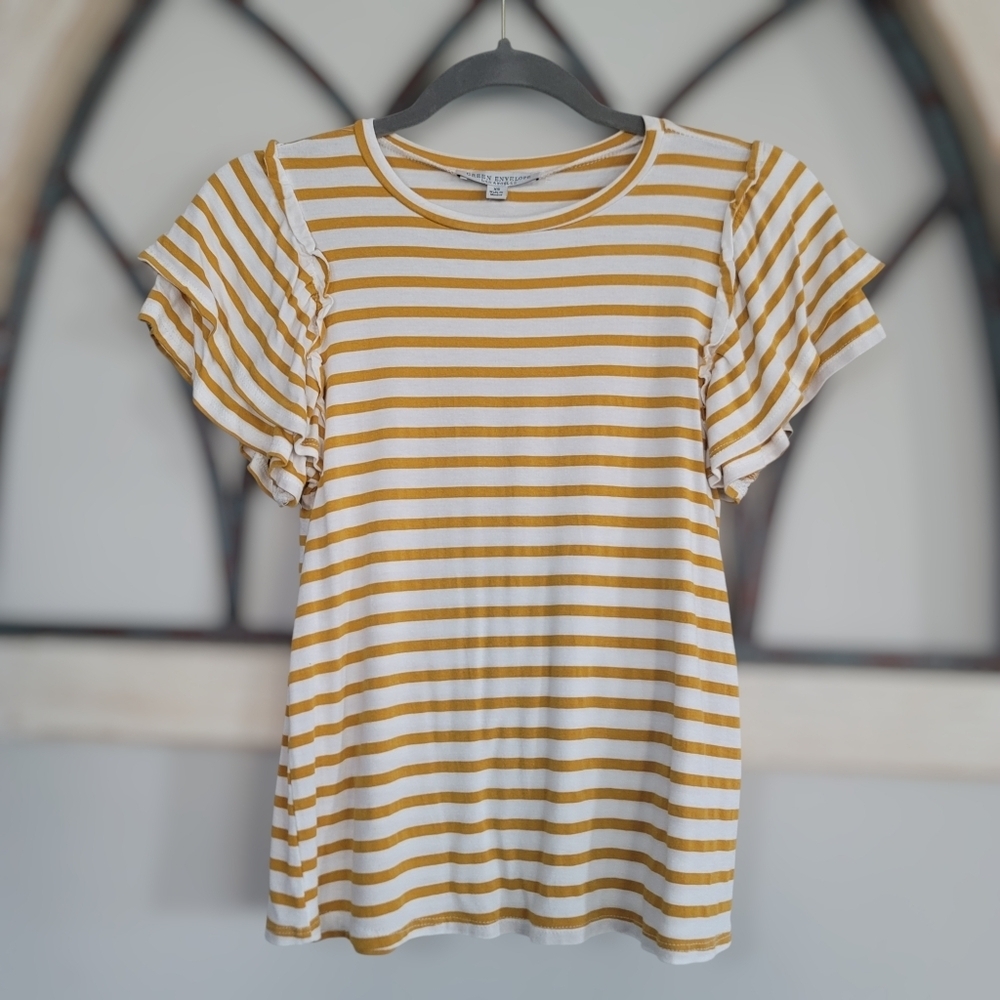 Green Envelope By Anthropologie Striped Ruffle Sleeve Knit Blouse, Sz XS